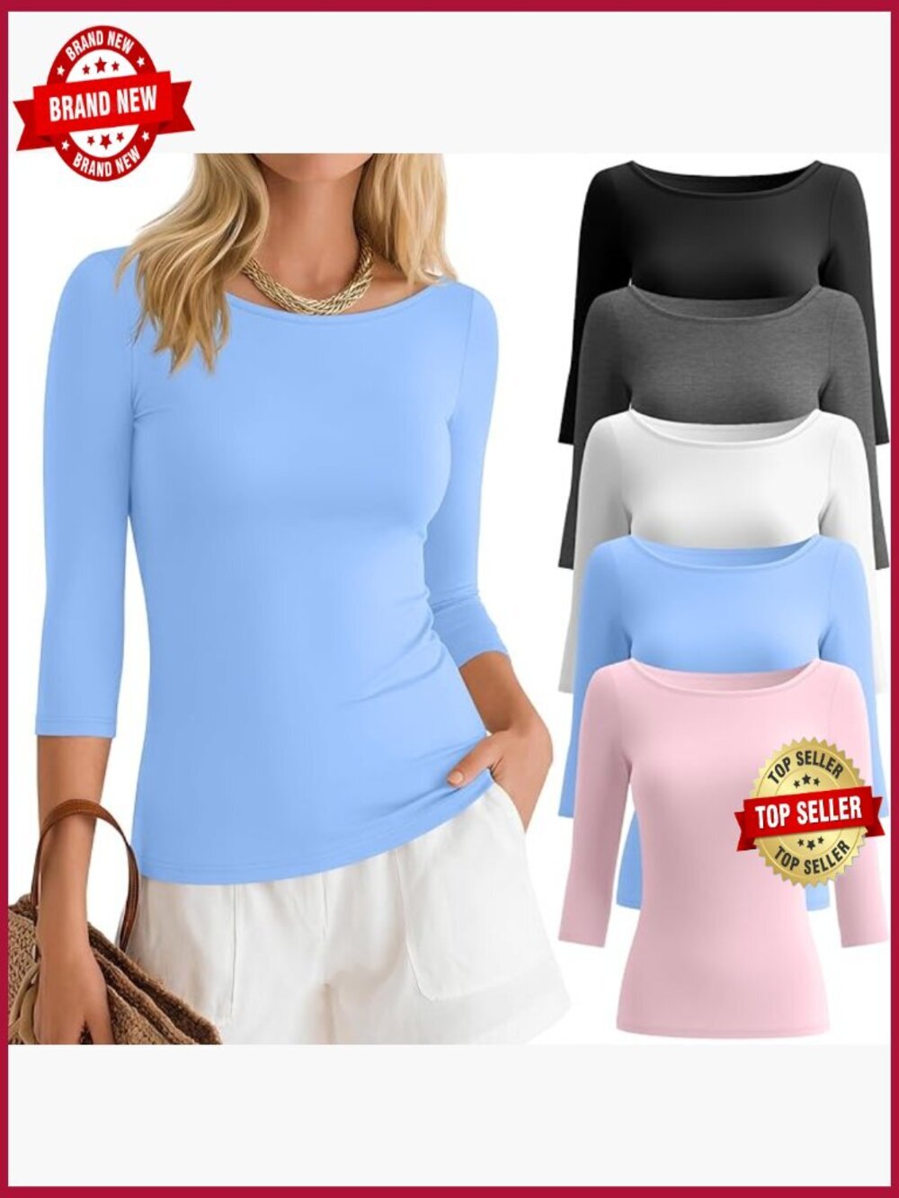5 Pack 3/4 Sleeve Women's Boat Neck Slim Fit T Shirts Basic Casual Tees